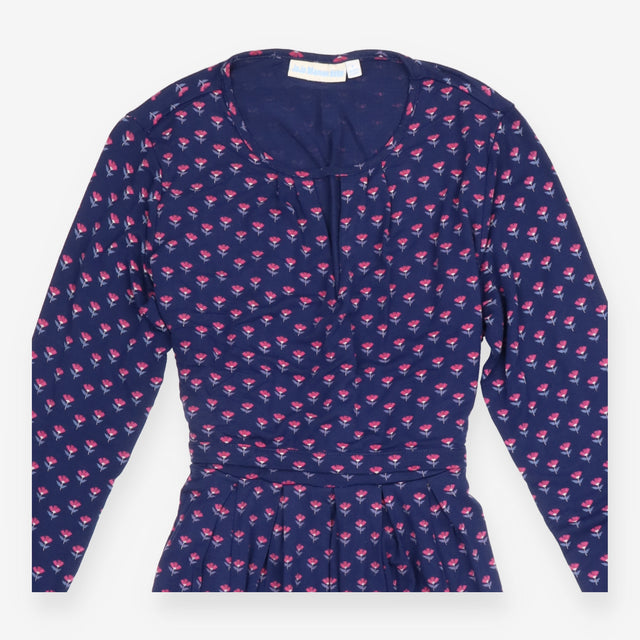 Dress Navy Blue Floral Print Long Sleeve Midi V-Ne