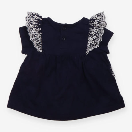 Frill Sleeve Jersey Blouse Navy and White