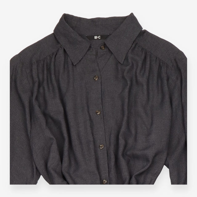 Shirt Dress Dark Grey Long Sleeve Belted Midi