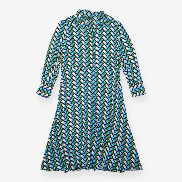 Shirt Dress Blue Green Geometric Print Midi