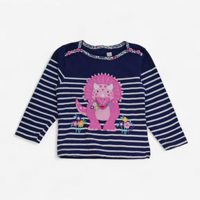 T-shirt LS Blue Stripe with Pink Triceratops