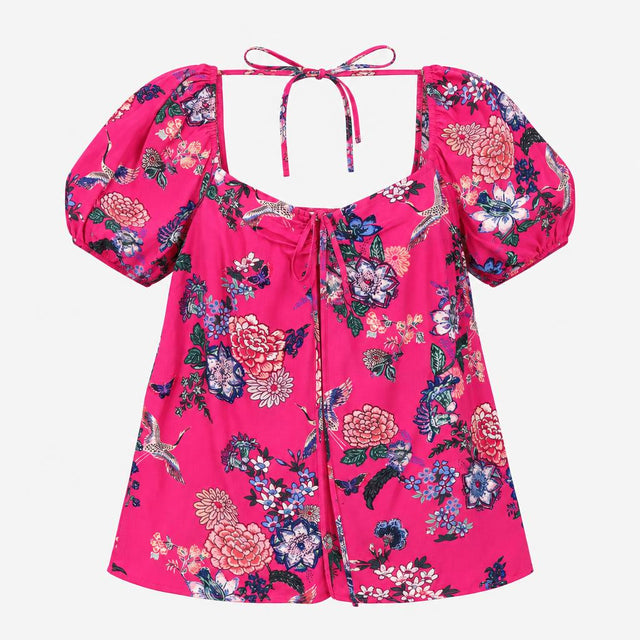 Blouse Pink Floral Print Tie Front Short Sleeve