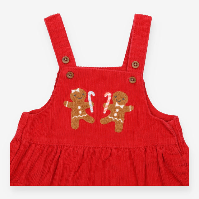 Red cord pinafore with Gingerbread friends