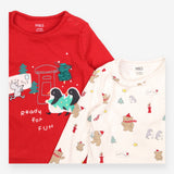 Tee ribbed 2pc red festive post cream animals