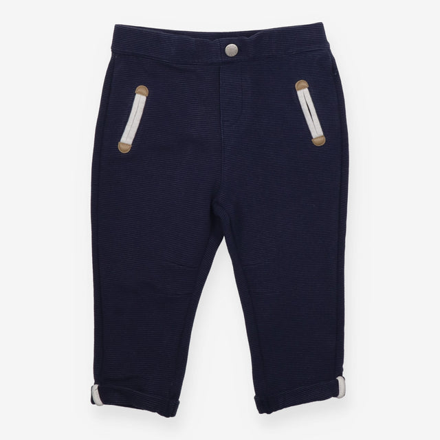 Navy Ribbed Trousers with Faux Pockets
