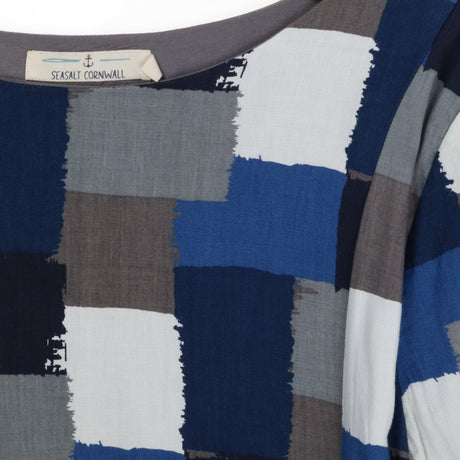 Blue Abstract Check Cotton Shift Dress