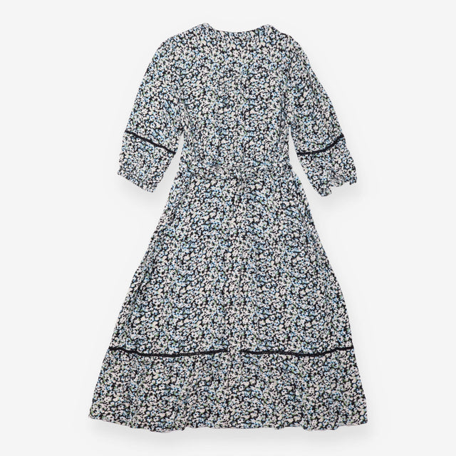 Midi Dress Blue Floral Wrap Front Tie Waist