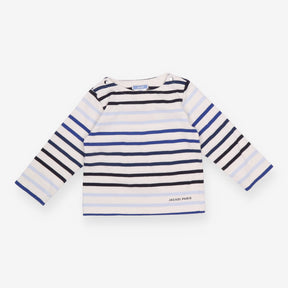 Tee LS white blue stripes slash neck poppers