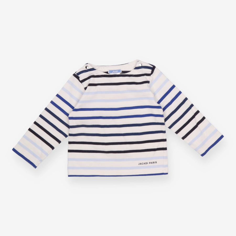 Tee LS white blue stripes slash neck poppers