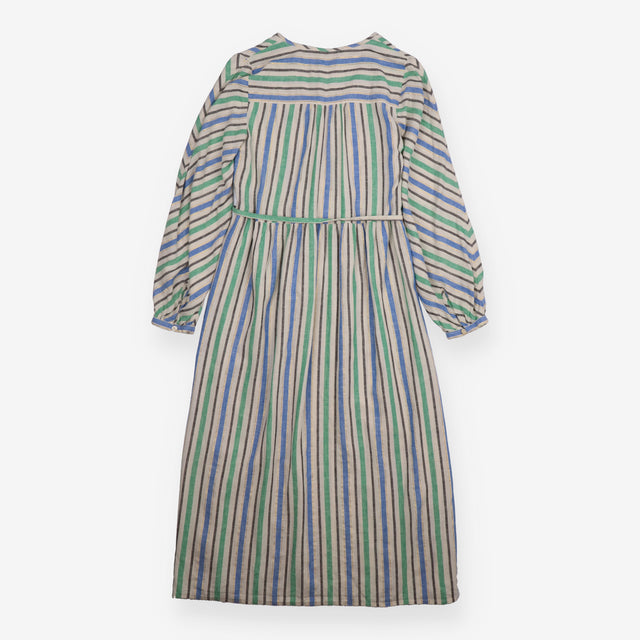 Midi Dress Green Blue Striped Linen Blend Metallic