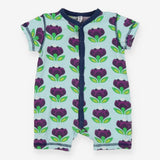 Blue shortie romper with purple flowers