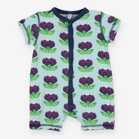 Blue shortie romper with purple flowers