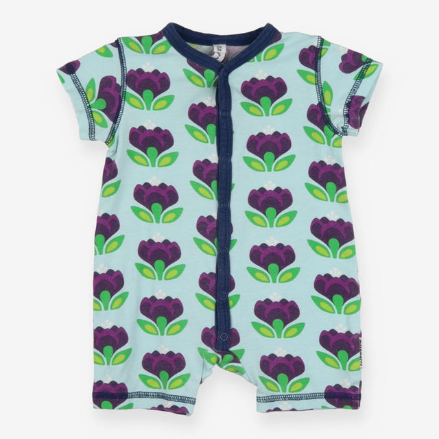 Blue shortie romper with purple flowers