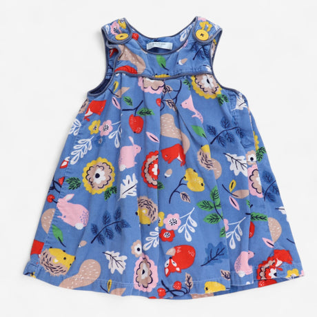 Cord pinafore dress blue woodland creatures and fl