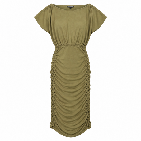 Midi Dress Khaki Green Ruched Side Jersey