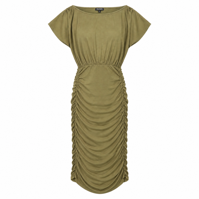 Midi Dress Khaki Green Ruched Side Jersey
