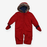 Pramsuit red with mittens and fur trim hood fleece