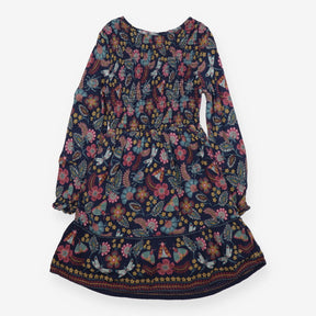 Navy smocked long sleeve dress with flowers 