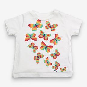 White t-shirt rainbow butterflies