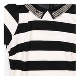 Midi Dress Black Cream Stripe Embellished Collar S