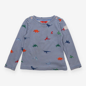 T-shirt long sleeve blue stripe dinosaurs