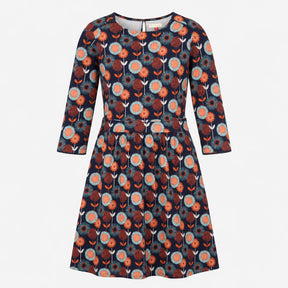 Navy Retro Floral Cotton Long Sleeve Dress with Po