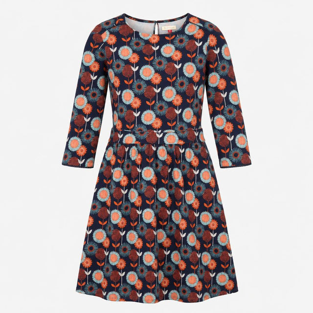 Navy Retro Floral Cotton Long Sleeve Dress with Po