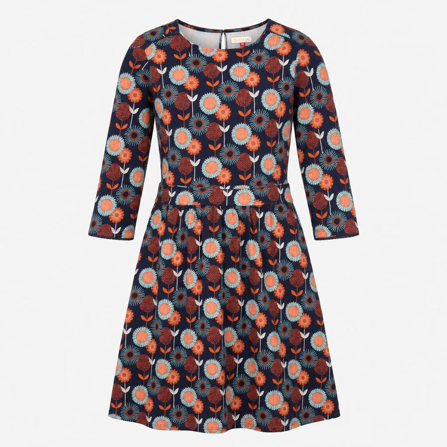 Navy Retro Floral Cotton Long Sleeve Dress with Po