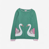 Green thin knit sweater with 2 swans, sequin wings