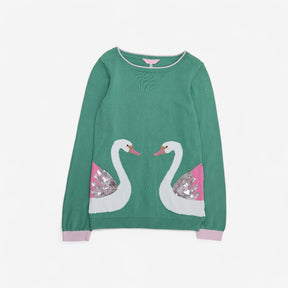 Green thin knit sweater with 2 swans, sequin wings
