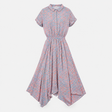 Midi Dress Blue Coral Print Shirred Waist