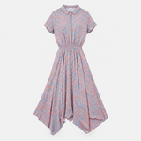 Midi Dress Blue Coral Print Shirred Waist