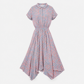 Midi Dress Blue Coral Print Shirred Waist