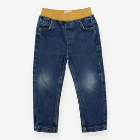 Blue jeans with yellow waistband