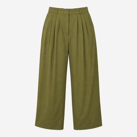 Olive Khaki Green Pleated Elasticated Back Wide Le