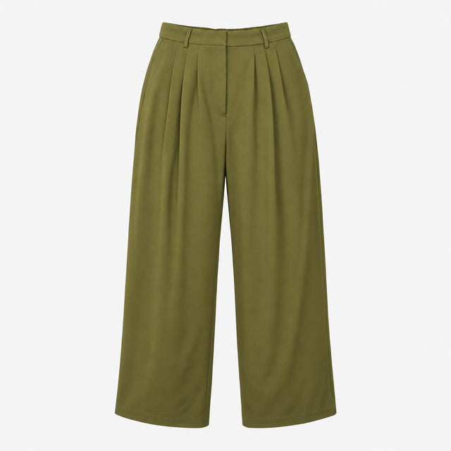 Olive Khaki Green Pleated Elasticated Back Wide Le