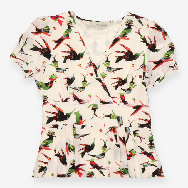 Ivory Silk Tropical Bird Print V Neck Wrap Midi Dr