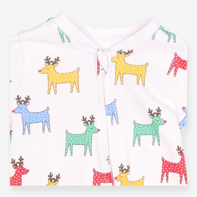 Sleepsuit White Zipped - Bright Spotty Reindeers