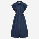 Shirt Dress Navy Blue Pure Linen Belted Button Fro