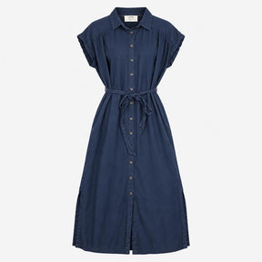 Shirt Dress Navy Blue Pure Linen Belted Button Fro