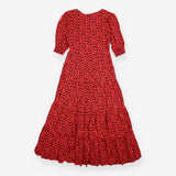 Midi Dress Red Leopard Print Tiered Puff Sleeve