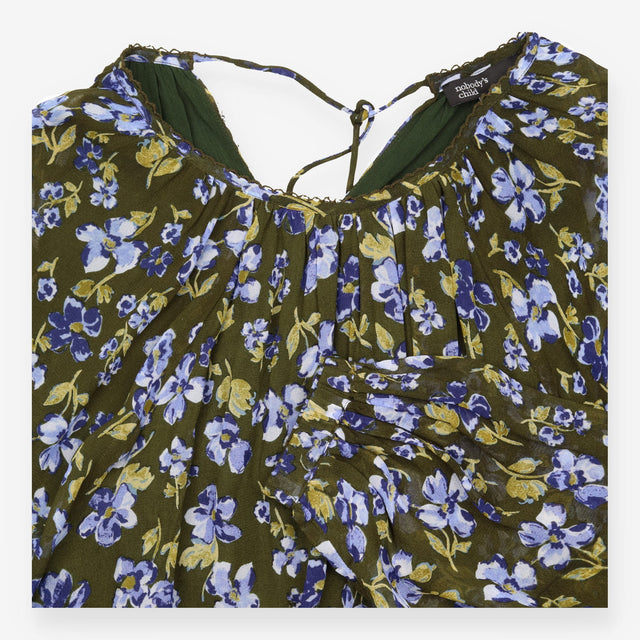 Olive Green Blue Floral Long Sleeve High Neck Tuni