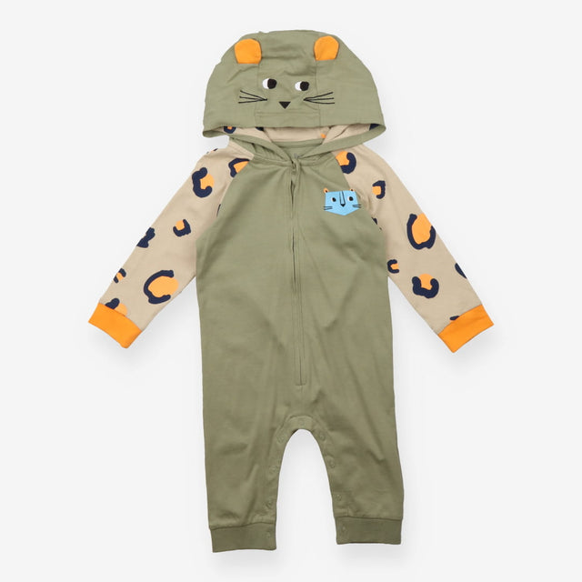 Hooded Jersey Romper Khaki and Leopard Print