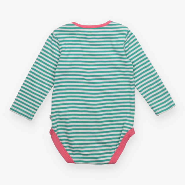 Bodysuit green stripe pink edging LS