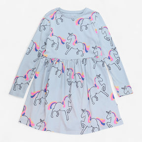 Long Sleeve Jersey Dress Blue with Rainbow Unicorn