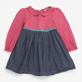 Pink Spotted Dress with Denim Skirt