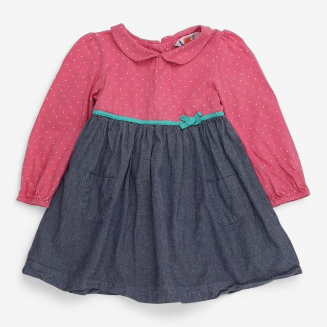 Pink Spotted Dress with Denim Skirt