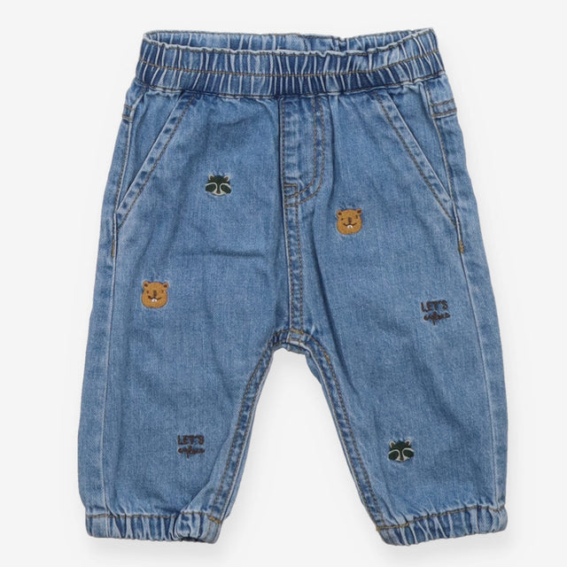 Jeans pull on beaver racoon embroidery