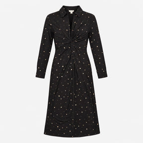 Black Gold Star Print Twist Front Long Sleeve Midi