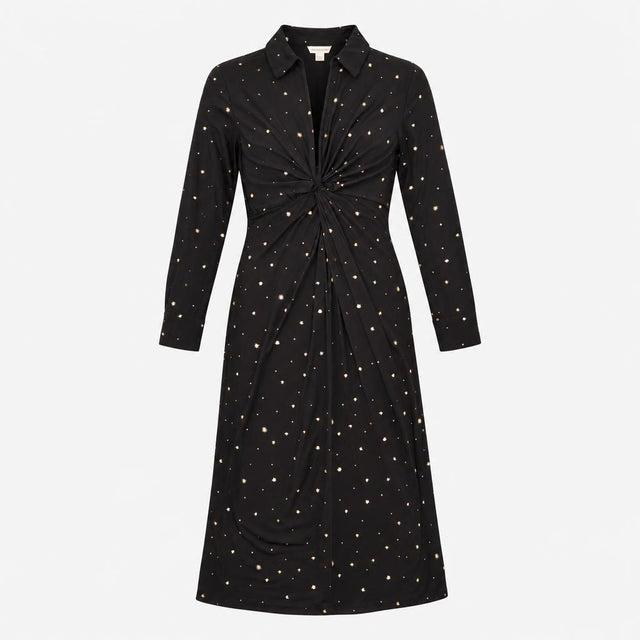 Black Gold Star Print Twist Front Long Sleeve Midi